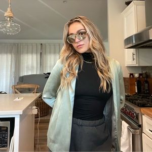 Designer blazer Ted Baker satin Icy blue green coat office wear hailey Bieber